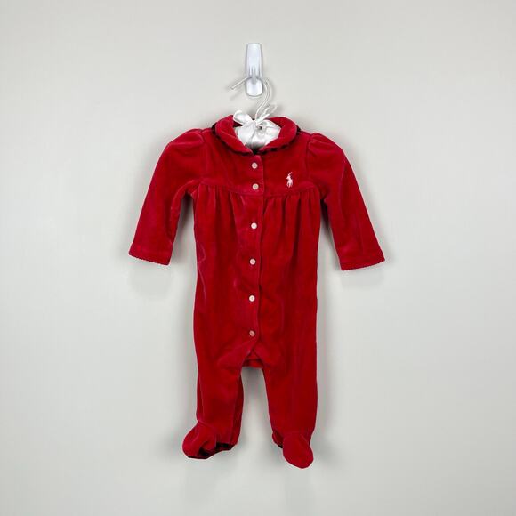Ralph Lauren Festive Red Velour Footie 3 Months - Picture 1 of 6